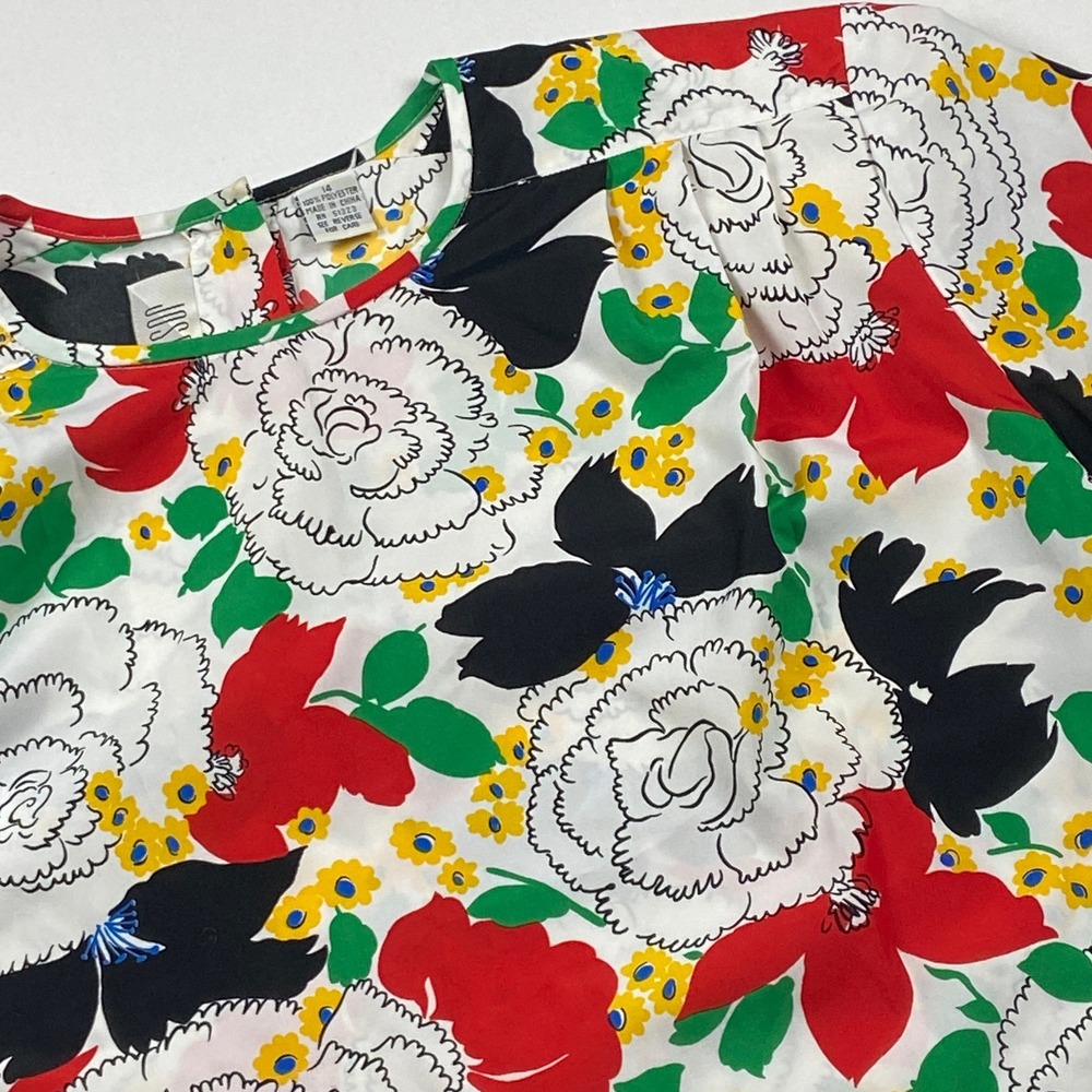 Josephine Vintage Floral Blouse Short Sleeve Shoulder Pads White Red Green Sz 14